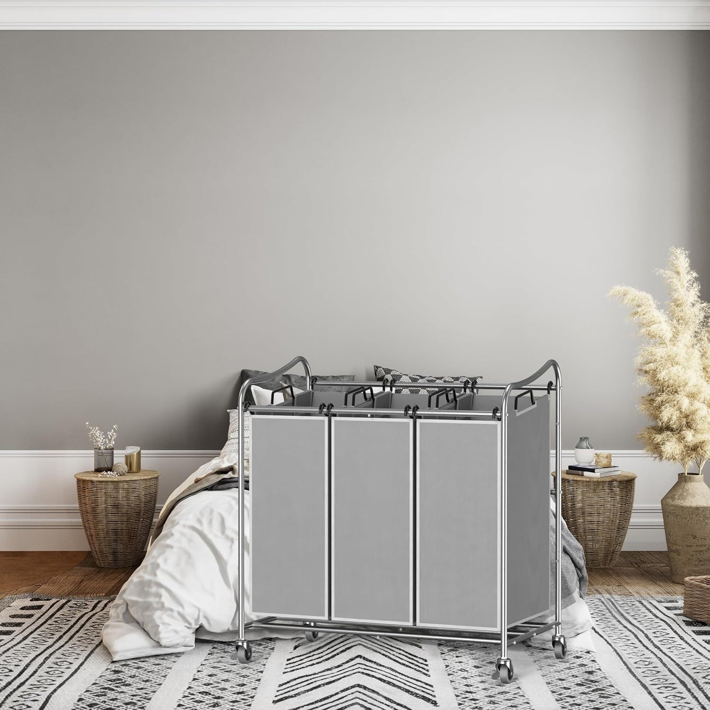 Simple Houseware Heavy Duty 3-Bag Laundry Sorter Rolling Cart, Dark Grey | Removable Bags and Lockable Wheels for Laundry Room Organization