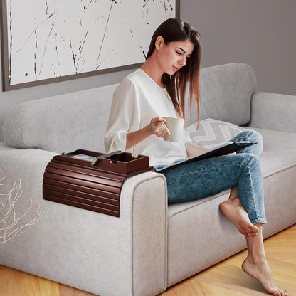 Bestjing Bamboo Sofa Armrest Tray - Couch Arm Tray with Detachable Couch Cup Holder - 2 in 1 Anti-Slip Foldable Sofa Armchair Caddy Table for Drinks Cellphone TV Remote Snacks