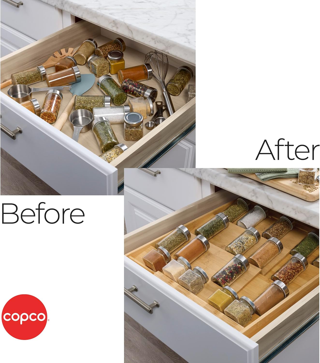 Copco Bamboo Expandable Spice Organizer Drawer and Counter Lazy Susan Turntable Style Tiered Rack - Adjustable 4-Tier Natural Wood Kitchen Spice Storage Organizer for Cabinet, Pantry, or Bathroom