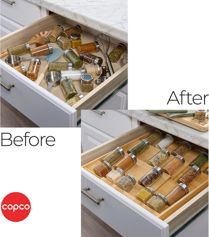 Copco Bamboo Expandable Spice Organizer Drawer and Counter Lazy Susan Turntable Style Tiered Rack - Adjustable 4-Tier Natural Wood Kitchen Spice Storage Organizer for Cabinet, Pantry, or Bathroom