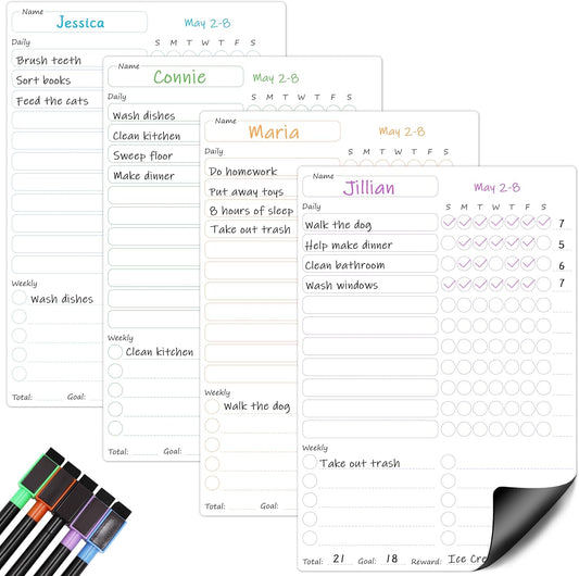 Magnetic Chore Chart for Kids Multiple Kids, 4 Pcs Dry Erase Chore Chart for Adult Teenagers Family Home Daily/Weekly Behavior Chore List Responsibility Reward Chore Board for Refrigerator
