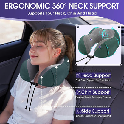 CloudBliss Neck Pillow for Airplanes, Memory Foam Travel Pillow, Black | Compact Flight Pillow with Eye Mask, Earplugs, Carry Bag, Travel Neck Pillow for Long Flight Sleep, Plane Travel Essentials