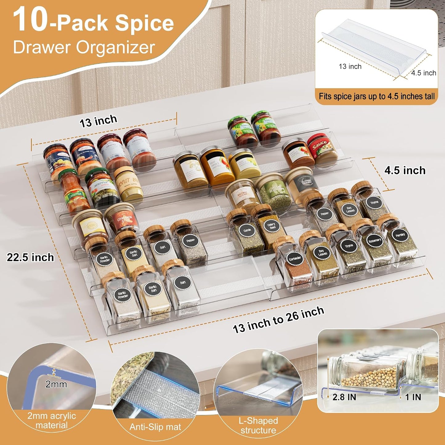 8-Pack Spice Drawer Organizer, Expandable Acrylic Seasoning Rack (13" to 26") with Anti-Slip Mat, Kitchen Spice Rack Holds up to 56 Jars (Jars Not Included)