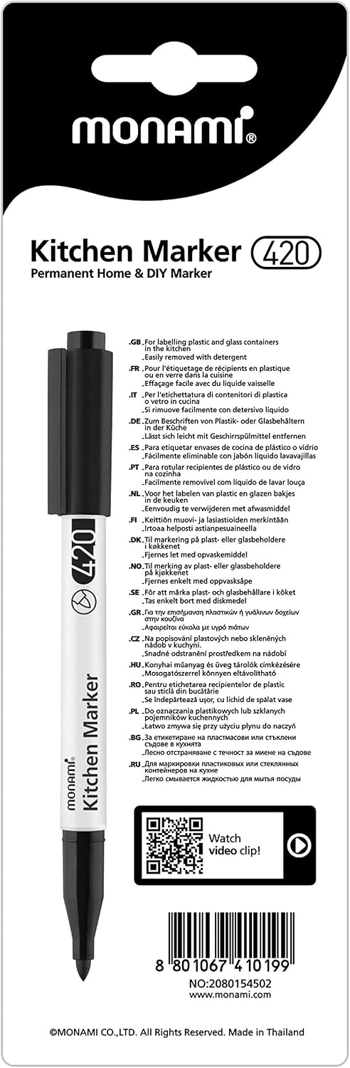 MONAMI Kitchen Marker 420, Fine Tip (1.2mm), Permanent Marker for Plastic Freezer Bags, Food Storage Containers, Ziploc, Erasable with Dish Detergent, Black, 1pc