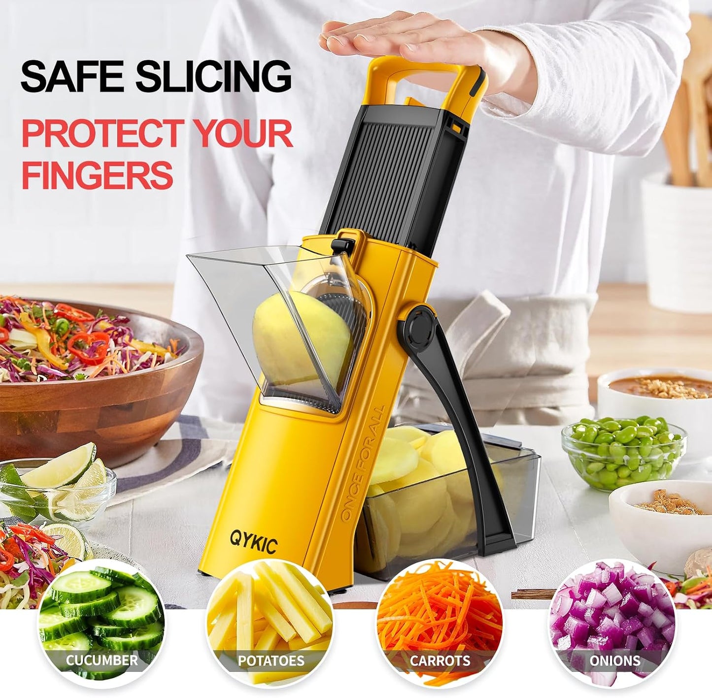 QYKIC Safe Mandoline Slicer for Kitchen, Adjustable Potato Slicer Pro | 0.1-8mm Vegetable Chopper Fry Cutter Julienne Dicer Large Chute Stainless Steel Blades Detachable Dishwasher Safe Gifts