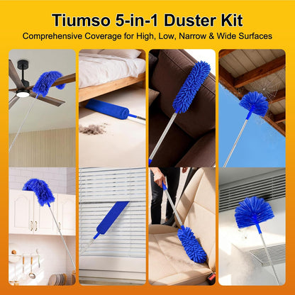 Tiumso Microfiber Feather Duster 5-in-1 Kit, Dusters for Cleaning, Duster with Extension Pole 100 Inches, Cobweb Duster, Microfiber Dusters for High Ceilings and Fans, Blinds, Cars and Furniture