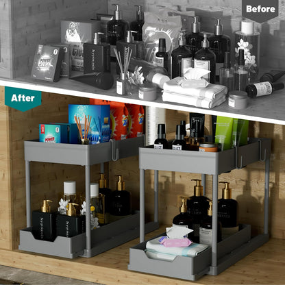 DEKAVA Under Sink Organizer 2 Pack, Bathroom Cabinet Organizer, 2 Tier Sliding Cabinet Basket Organizer Drawer, Multi-Purpose Bath Collection Baskets for Bathroom (Black)