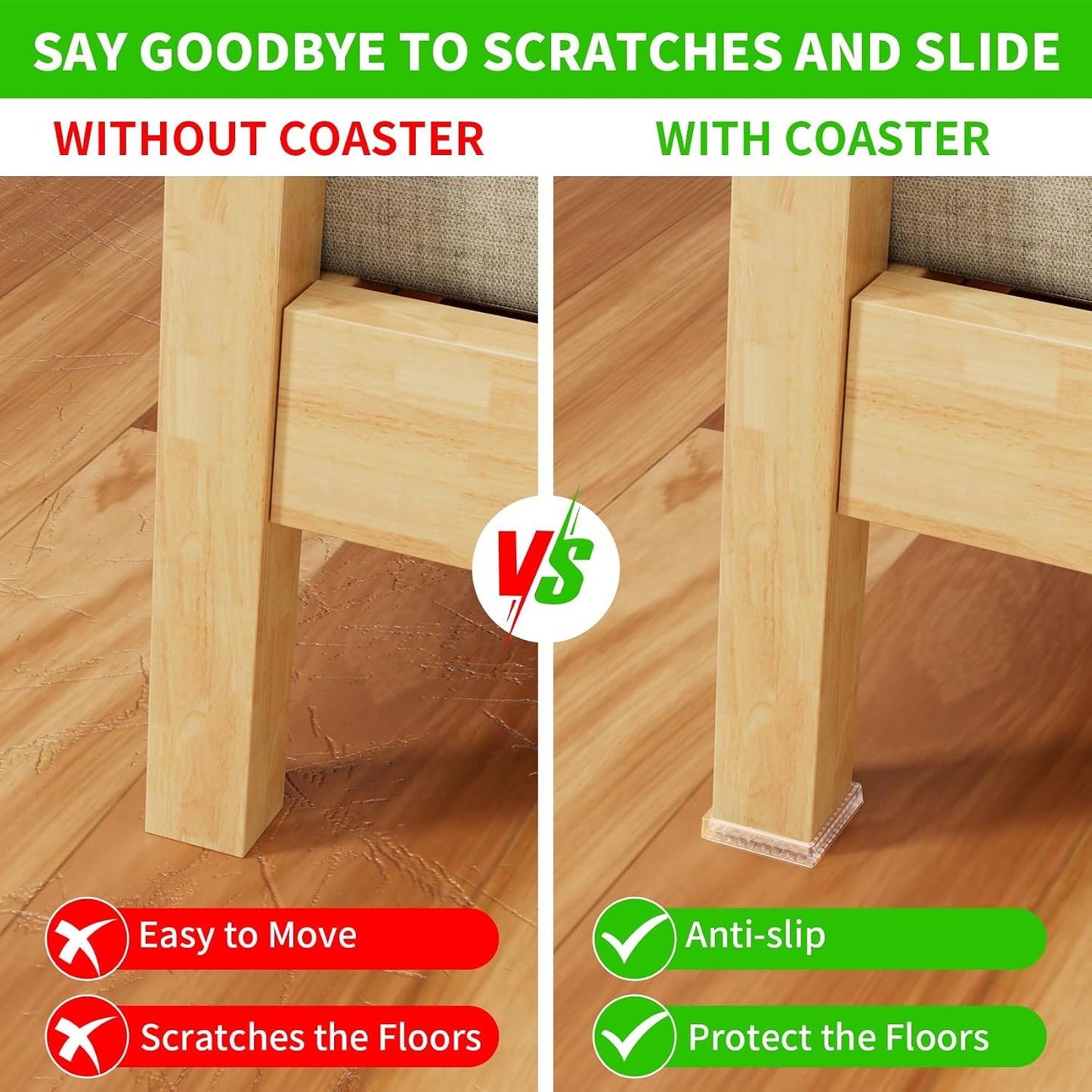 2" Square 12PCS Clear Non Slip Furniture Pads for Hardwood Floors Protector | Rubber Furniture Caster Cups, Chair Coasters for Carpet with Grip, Carpet Protector for Furniture Legs - Protect Any Flooring