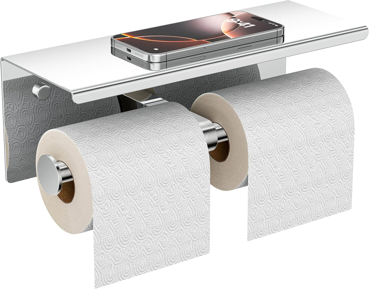 FORIOUS Toilet Paper Holder with Shelf, Commercial Toilet Paper Dispensers | Brushed Nickel | Wall Mount Bathroom Tissue Holder | SUS304 Stainless Steel Rustproof | Double Tissue Roll Holder