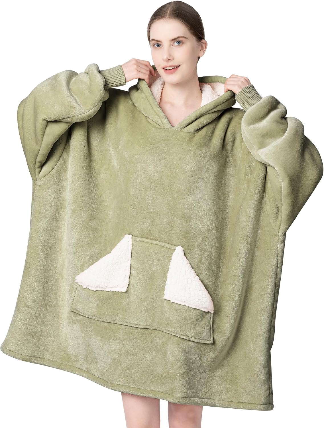 Wearable Blanket Hoodie, Oversized Sherpa Fleece Sweatshirt Blanket with Giant Hood Pocket and Sleeves for Adult, Warm & Cozy Grey Blanket Gifts for Women