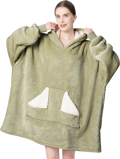 Wearable Blanket Hoodie, Oversized Sherpa Fleece Sweatshirt Blanket with Giant Hood Pocket and Sleeves for Adult, Warm & Cozy Grey Blanket Gifts for Women