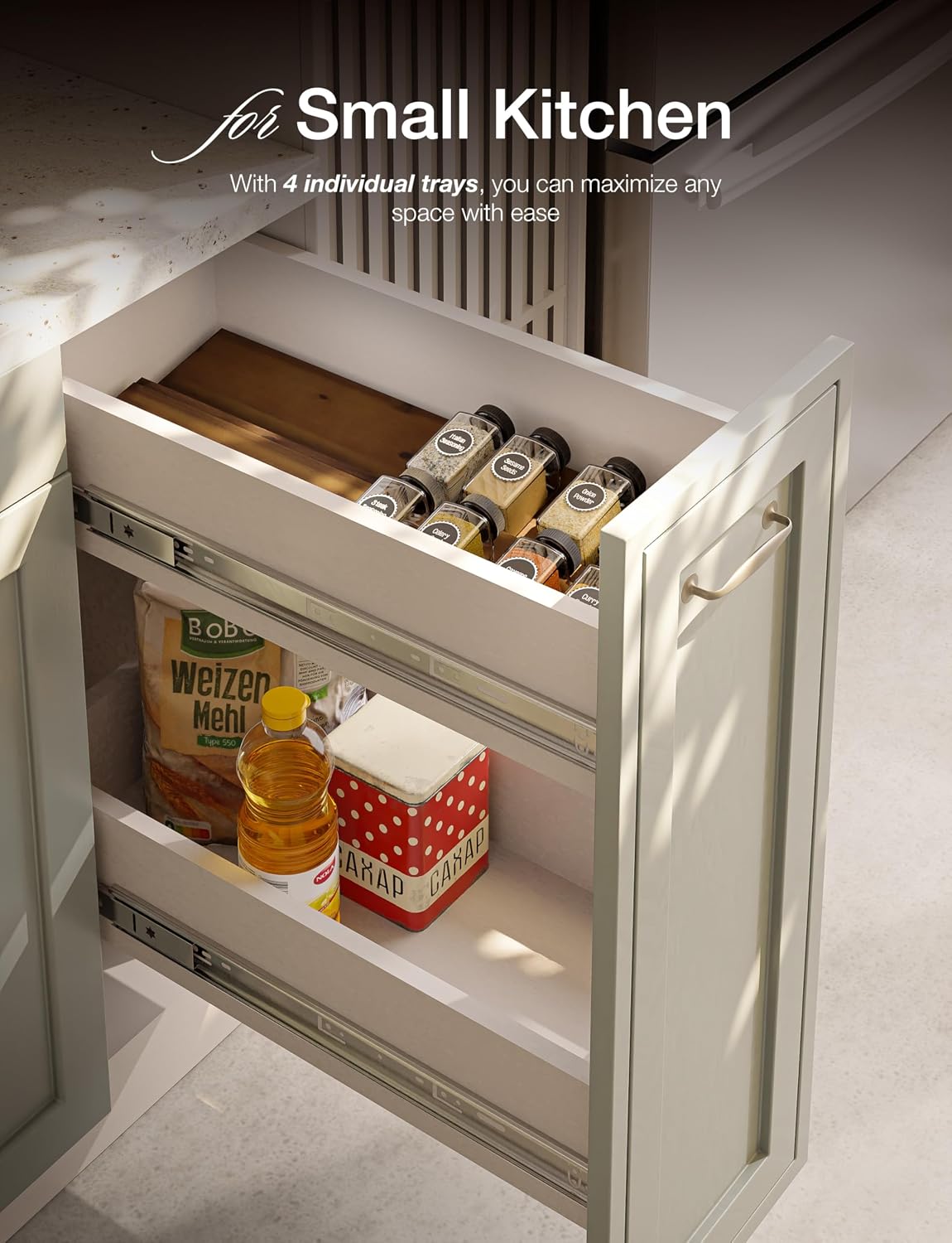 Tinamo Acacia Wood 4-Tier Spice Rack Organizer for Cabinet, Pack of 8 Pcs | Solid Acacia Wood Construction, No assembly, Stackable 4-tray design, Spacious for up to 64pcs 4oz Jars, Easy to Clean