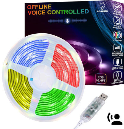 AI Voice Activated Under Bed Lights Strip,Indoor Kids Bedroom Night Lights RGBW, No App/Wifi Required, Dimmable Color Changing Strong Adhesive, Music Sync USB Powered 16.4ft for Kitchen Cabinet
