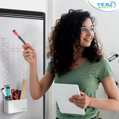 YES4QUALITY Magnetic Pen Holder with Strong Magnetic Back & 2 Compartments, Dry Erase Marker Holder for Whiteboard, Fridge & Locker, White Pencil Holder