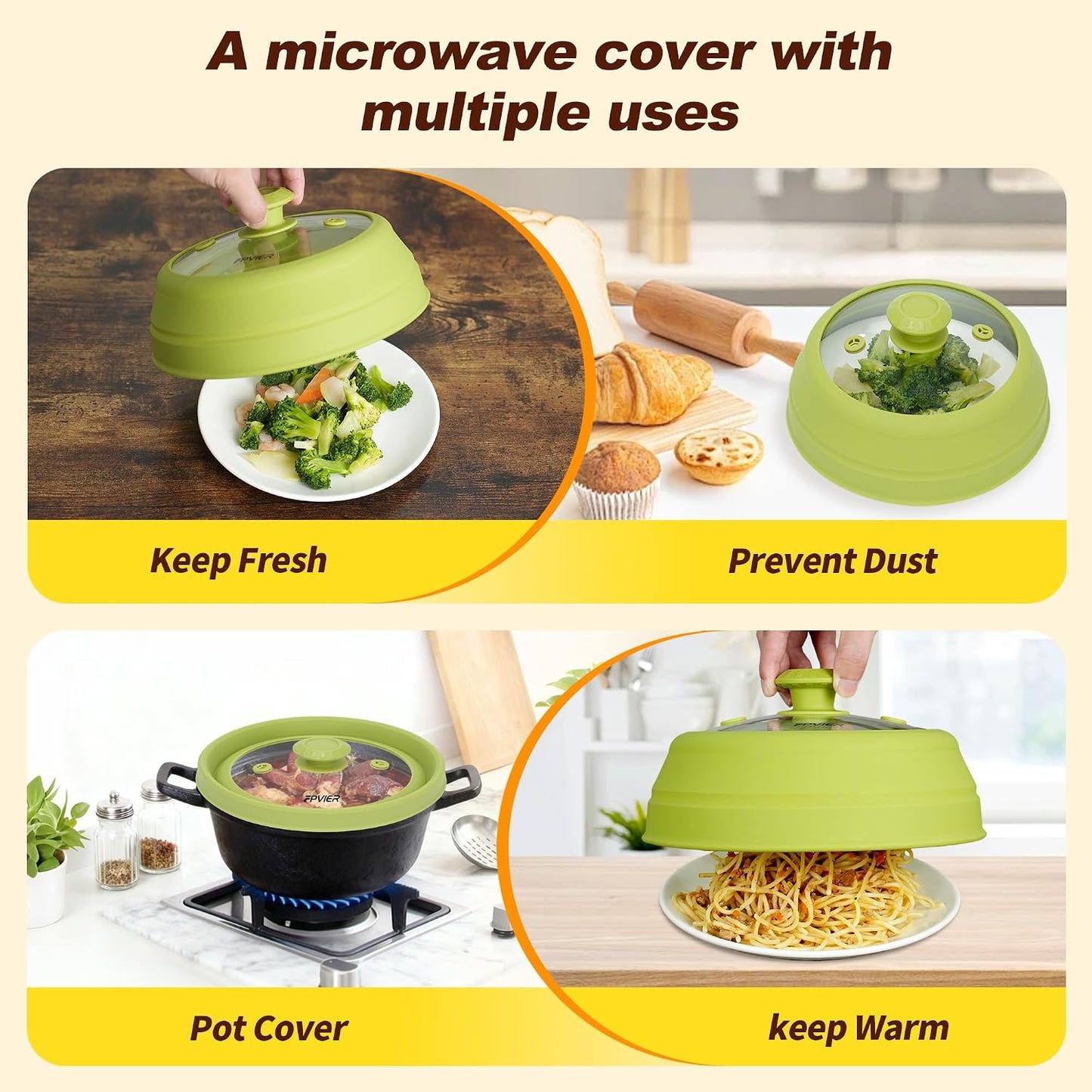Microwave Splatter Cover, Vented Silicone & Glass Anti-Splatter Lid with Handle, Collapsible Food Plate Cover Fits 6–11 Inch Plates and Bowls (Black, 10.8inch)
