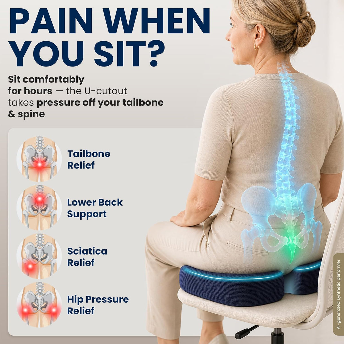 5 STARS UNITED Seat Cushion - Memory Foam Chair Cushion for Tailbone Pain Relief - Ergonomic Support for Coccyx, Sciatica & Butt - Office, Desk & Gaming Chair, Car Seat, Wheelchair, Airplane, Black