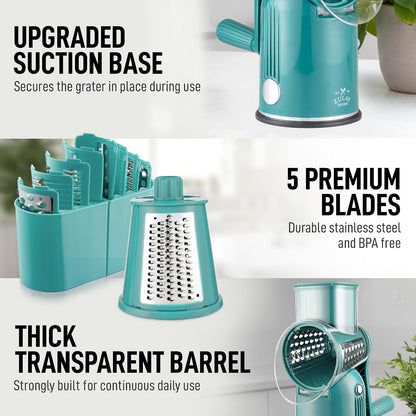 Zulay Kitchen Rotary Cheese Grater 5 Blade Cheese Shredder - Manual Hand Crank Cheese Grater With Reinforced Suction & 5 Interchangeable Drums - Easy to Use, Vegetable Chopper Round Mandoline Slicer - Colors B