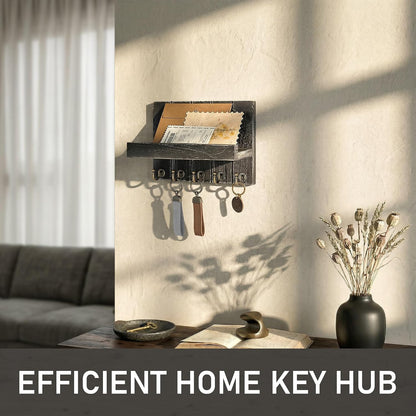 Rebee Vision Key Holder Wall Mount with 5 Key Hooks for Home Decor, Brown | 3.54'' x 10'' x 7.28'', Small Shelf for Display Plant, Key Hangers for Hat, Entryway Space-Saving Storage