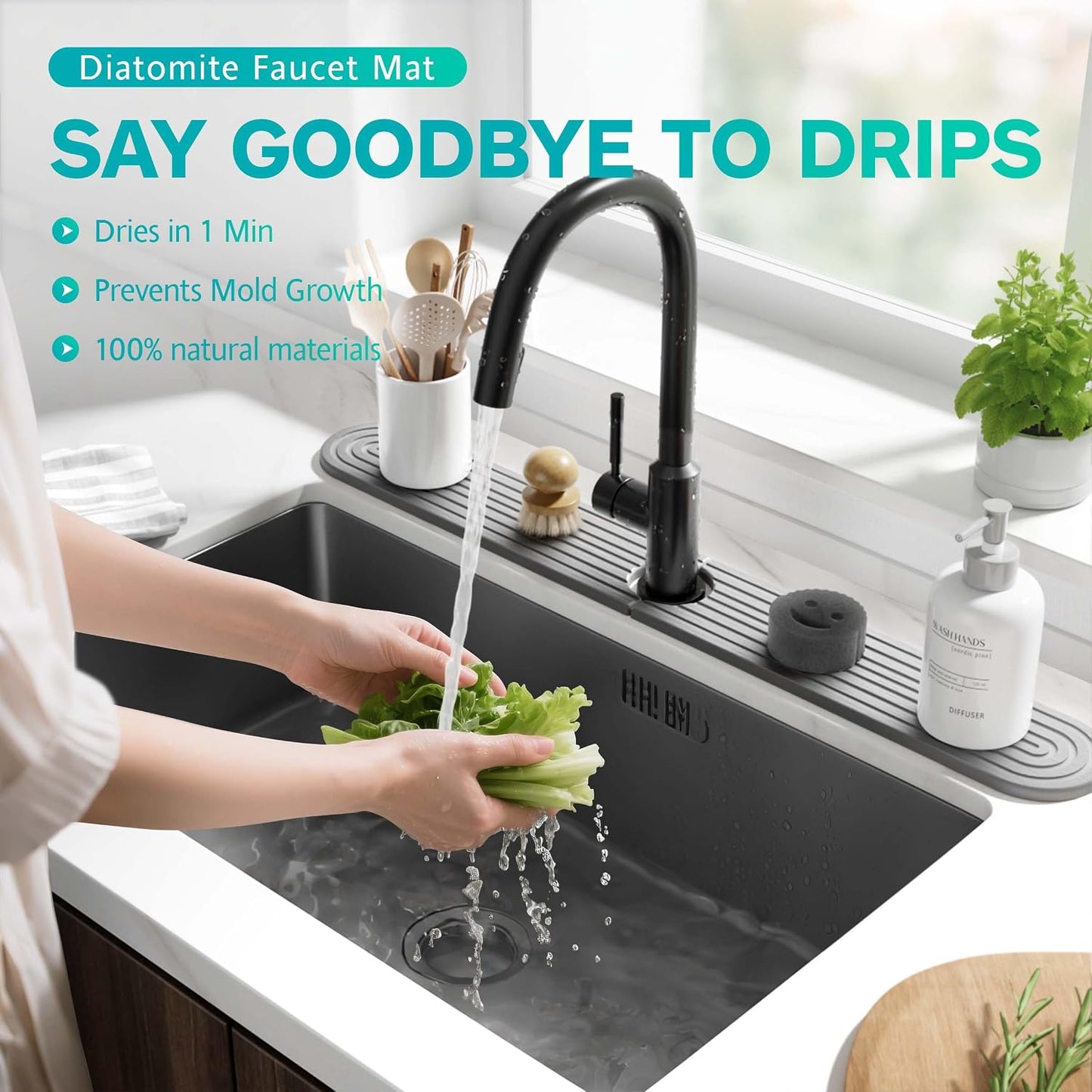 Stone Faucet Mat for Kitchen Sink – Diatomite Fast-Drying Stone Tray, Faucet Mat Sink Splash Guard, Decorative Sink Protector for Kitchen Bathroom Counter (Light Grey, 20''x3.9'')