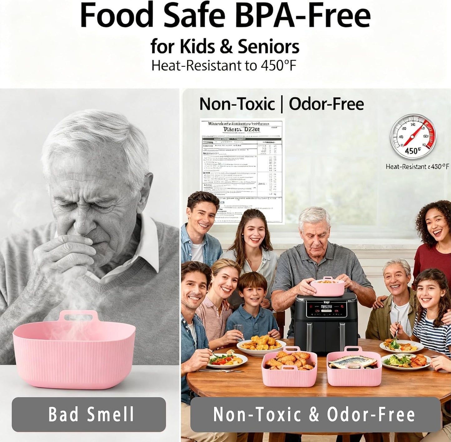 Silicone Air Fryer Liners for Ninja - Reusable DZ201 8QT Dual Basket - Rectangular 2-Pack Vacuum-Packed Easy-Clean Dishwasher-Safe Food-Safe for Home Chefs - Housewarming Gifts