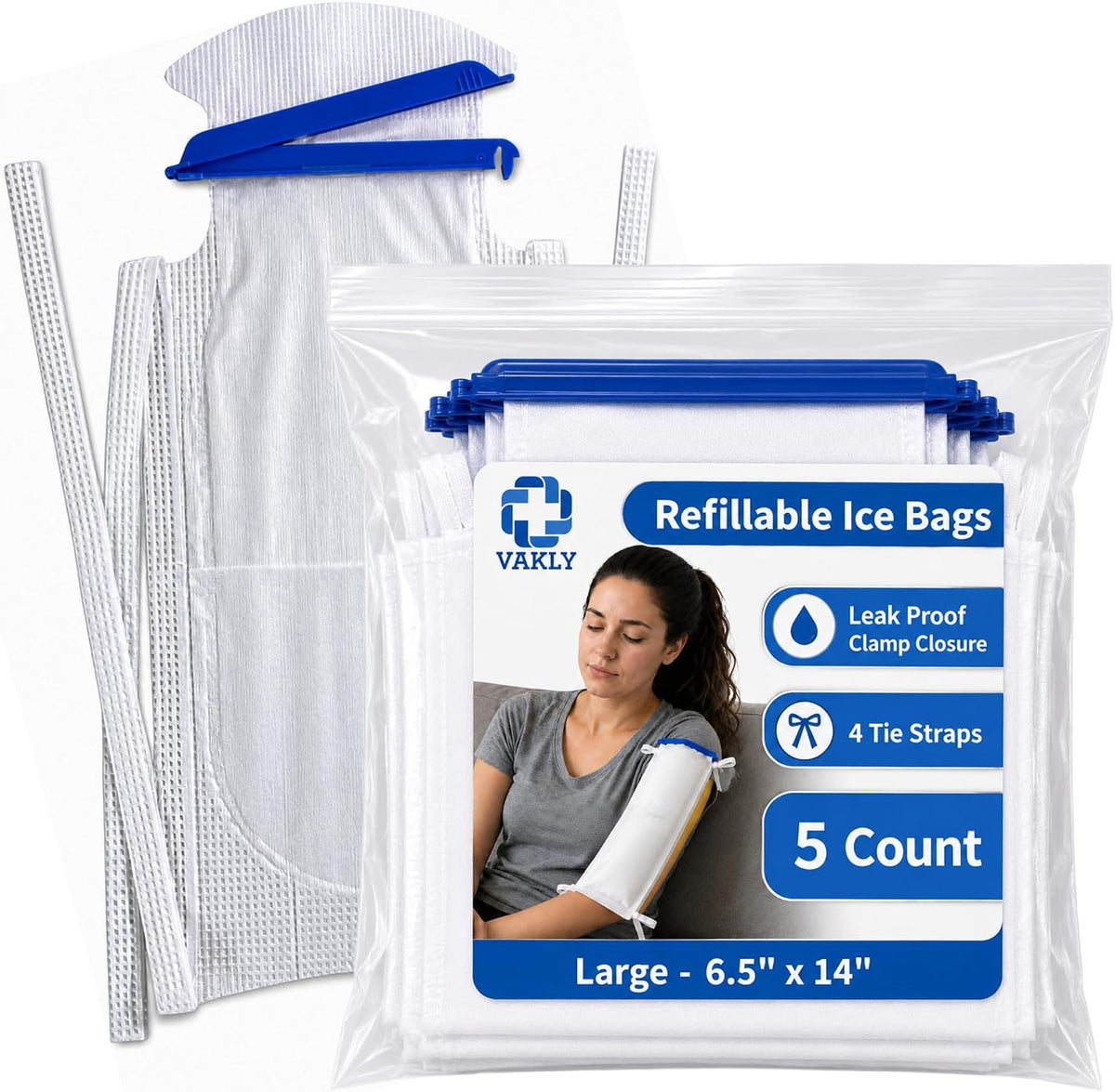 Vakly Large Refillable Ice Bags 6.5 x 14 [Pack of 5] – Reusable Ice Pack with Clamp Closure, Soft Outer Covering & Leak-Resistant Inner Layer for Hospital, Home & Sports Use