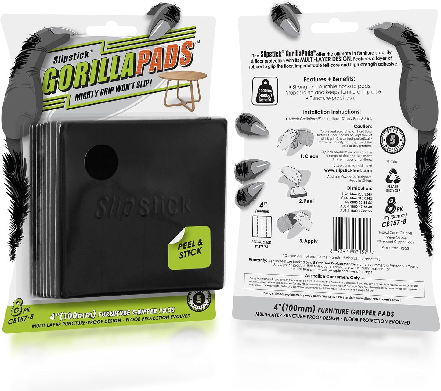 Slipstick GorillaPads CB147 Non Slip Furniture Pads/Gripper Feet (Set of 16) Self Adhesive Rubber Floor Protectors, 1 inch Round, Black