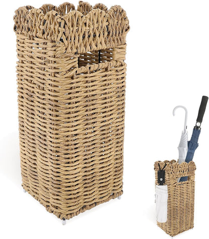 AceList Woven Umbrella Stand for Entryway, PE Rattan with Drip Tray | Scalloped cane holder for umbrellas, walking sticks & wrapping paper, farmhouse porch decor, removable base, sturdy 16.5 inch