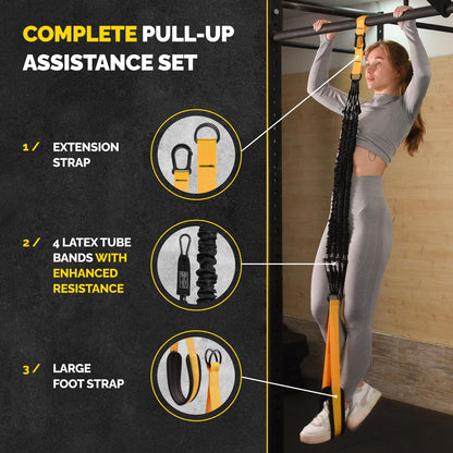 Pull Up Assistance Bands Set with 4 Levels, Adjustable Strap and Foot Rest | 50–200 lb stackable pull-up assistance, nylon-sleeved bands, adjustable support, reduced snap-back risk