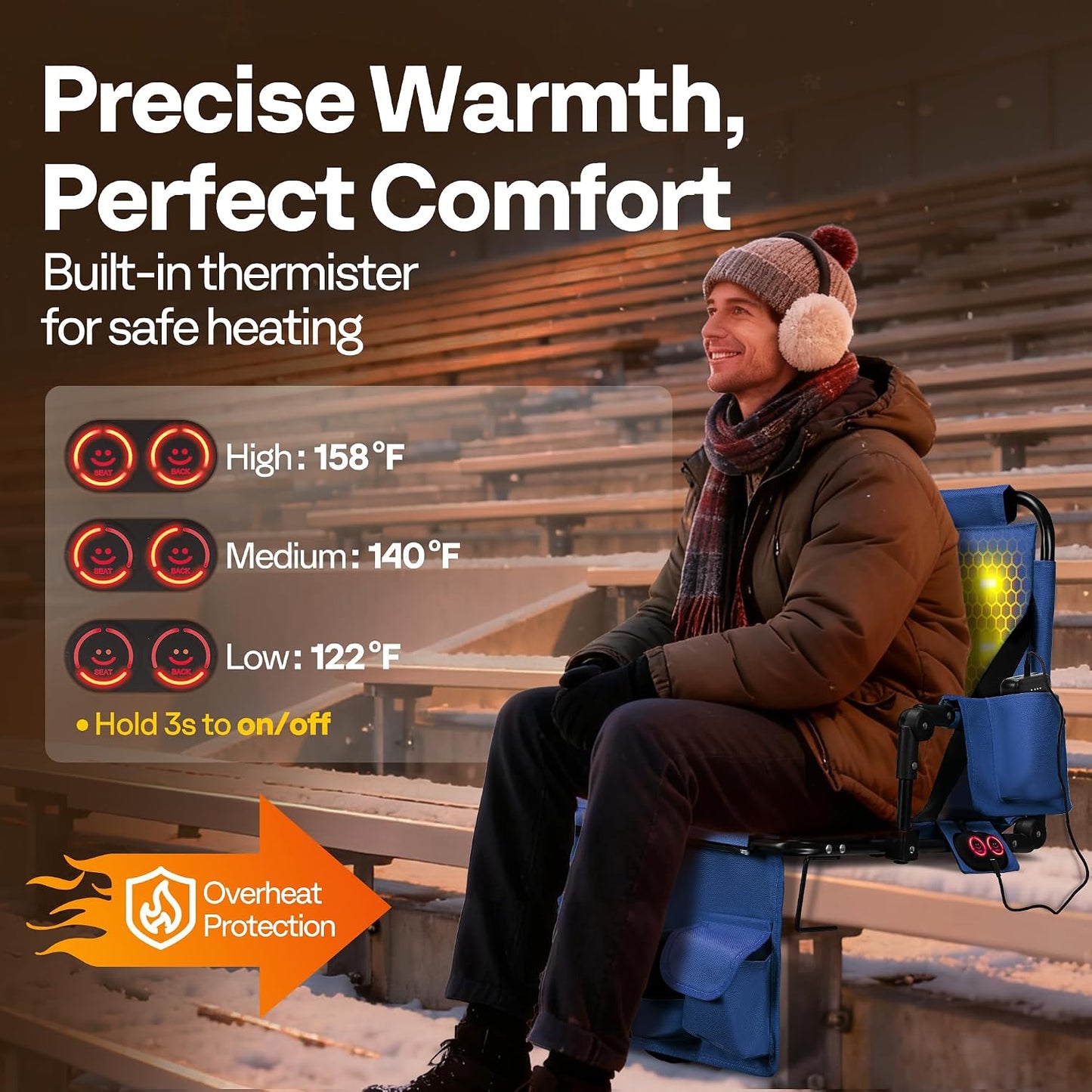 VIVOHOME 35W Padded Heating Stadium Seats with 20000mAh Power Bank, 2 Pack Heated Bleacher Chairs with Back Support, 3 Levels of Heat, Comfortable for Various Sports Events