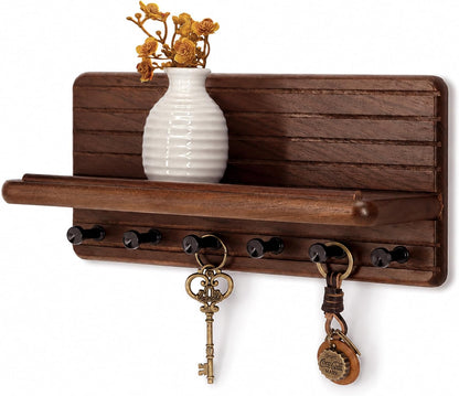 Rebee Vision Pine Wood Key Holder Wall Mount with Shelf for Entryway, Brown | 6 Key Hooks, Round Corner, Smooth&Hand-Friendly, Clear Wood Texture, Space-Saving Design, Organize Mail & Letter
