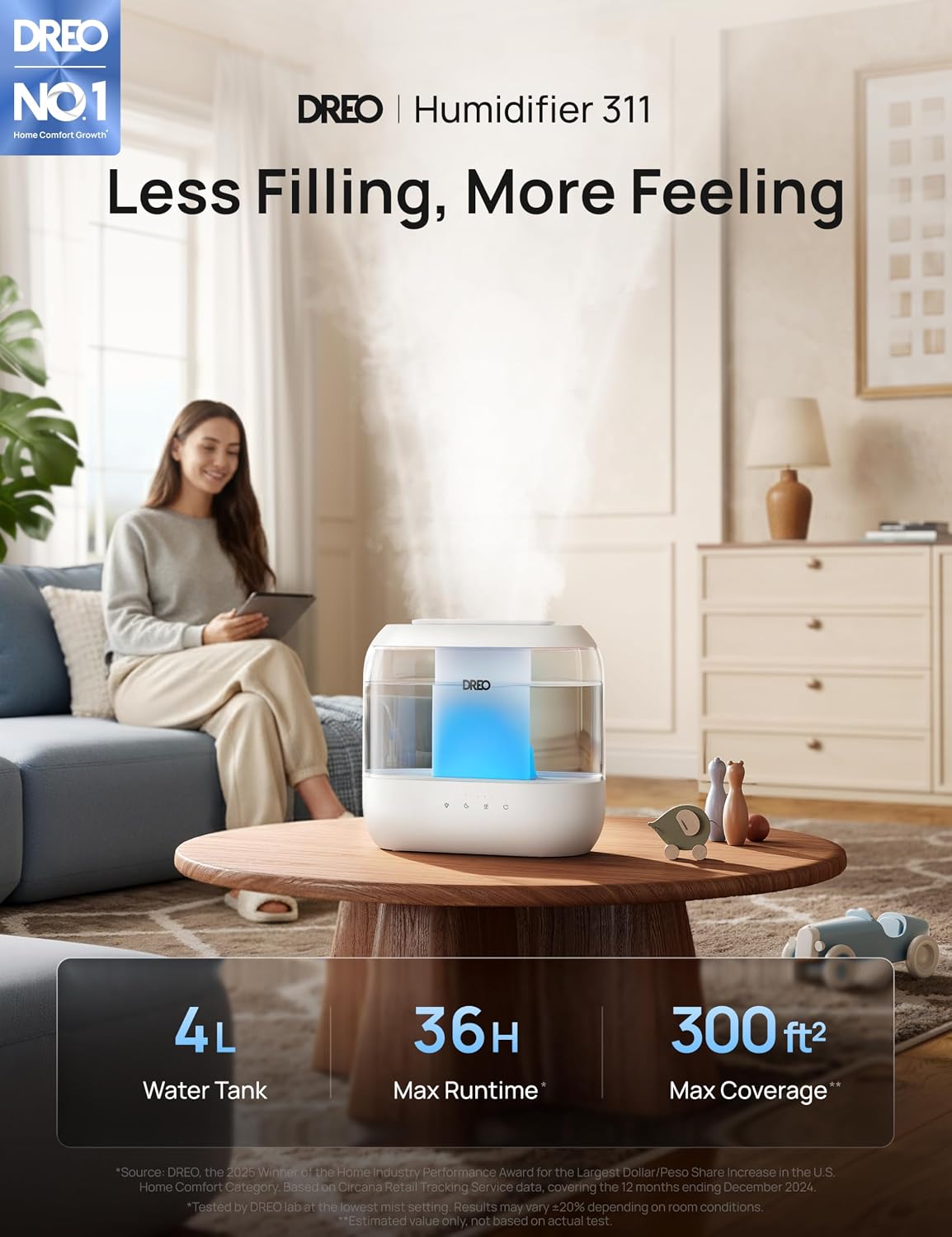 DREO 4L Humidifiers for Bedroom, 36H Runtime, 28 dB Quiet, HM311 | Easy to Refill & Clean, BPA-Free, Nightlight, Supersized Air Humidifiers for Large Room, Baby Nurseries, Plants, Indoor
