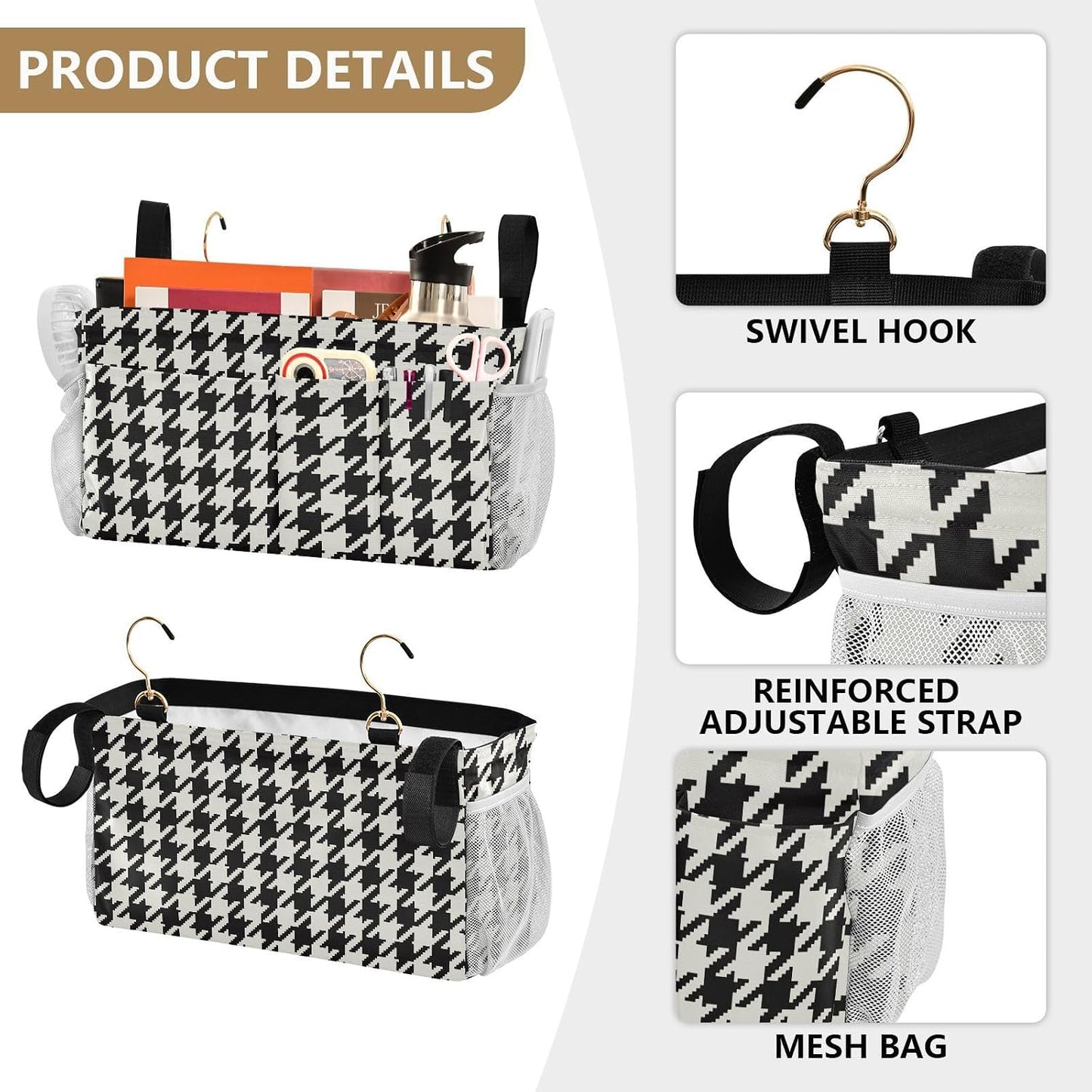 Black Bedside Caddy Storage Bag Bedside Organizer for Bed Rails College Dorm Room Organizer Caddy Hanging Shelf 6 Pockets with Hooks for Drinks Magazine Phone Holder