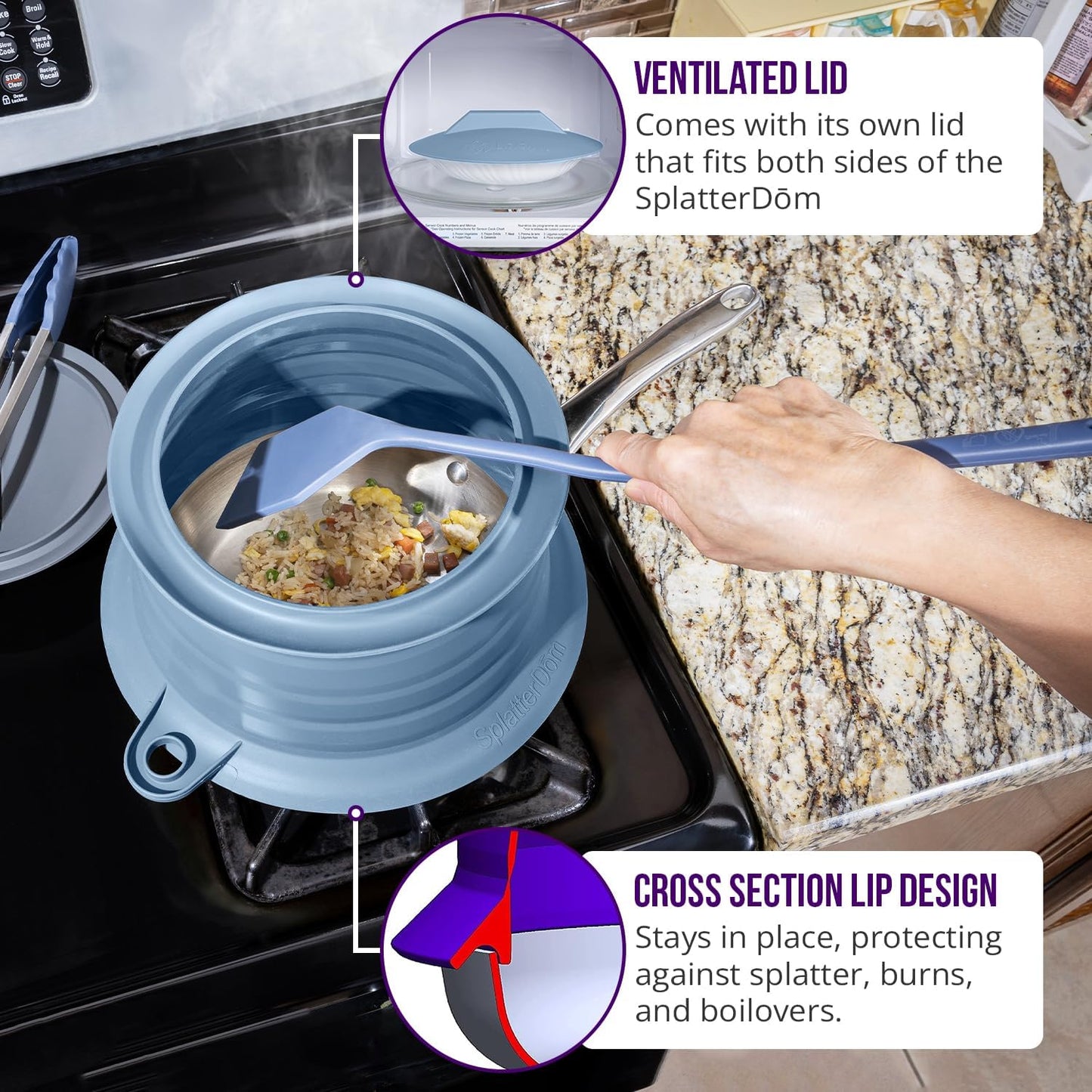L.I.Q. Silicone Splatter Guard, Durable SplatterDom, Blue Steel, Large | 10 and 12 Inch Pots, 10'' Lid, Food and Oil Splash Guard for Cooking, Easy to Clean and Store, BPA-Free, Microwave Safe