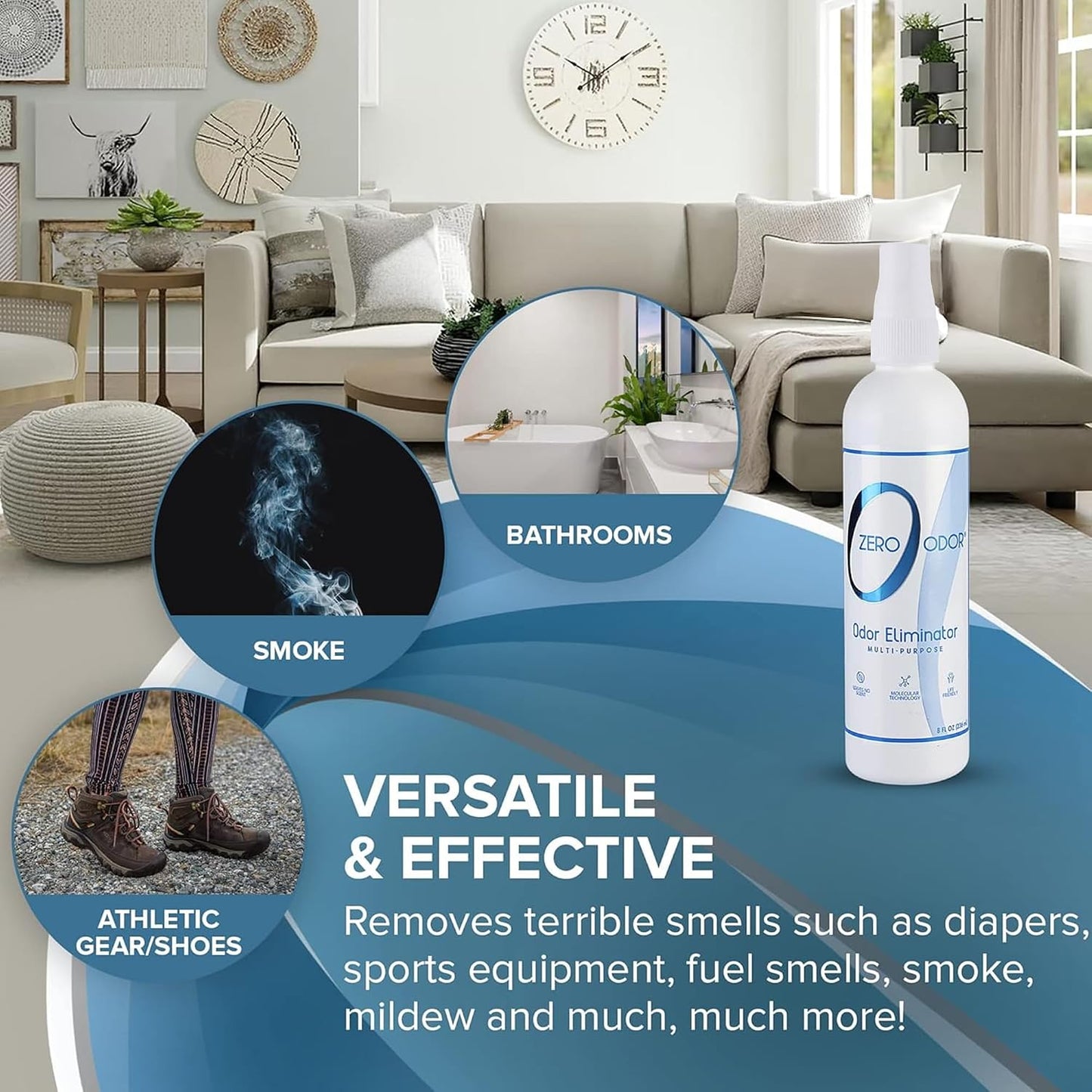 Zero Odor Multi-Purpose Odor Eliminator, Fabric & Room Deodorizer, 16 oz | Odor Eliminator Spray for Closet, Bathroom, Basement, Trash & Upholstery, Air and Surface use