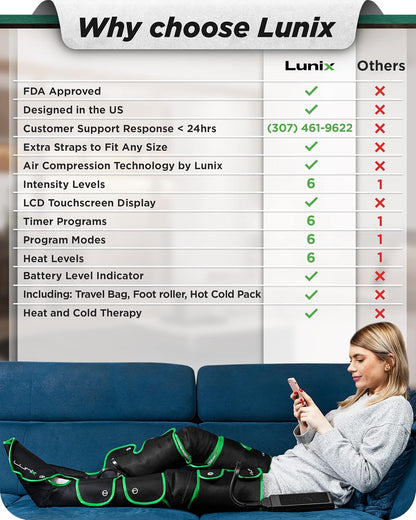 Lunix LX10 Full Leg Massager with Heat & Cold Therapy – Cordless Compression Boots for Circulation, Pain Relief & Recovery – Adjustable Fit with Extra Straps, Touchscreen Remote, Travel Bag