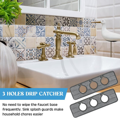 Teenyyou 2 Pcs Faucet Mat for Kitchen Sink Splash Guard for Kitchen Sink Faucet Dish Drying Mat for Bathroom Sponge Holder(Dark Gray,3 Round Holes)