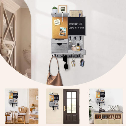 Key Holder for Wall Mount with Shelf and Mail Organizer, Key and Mail Holder with 16 Hooks, Farmhouse Entryway Organizer, Home Decor Rack (Pine Wood, White Washed)