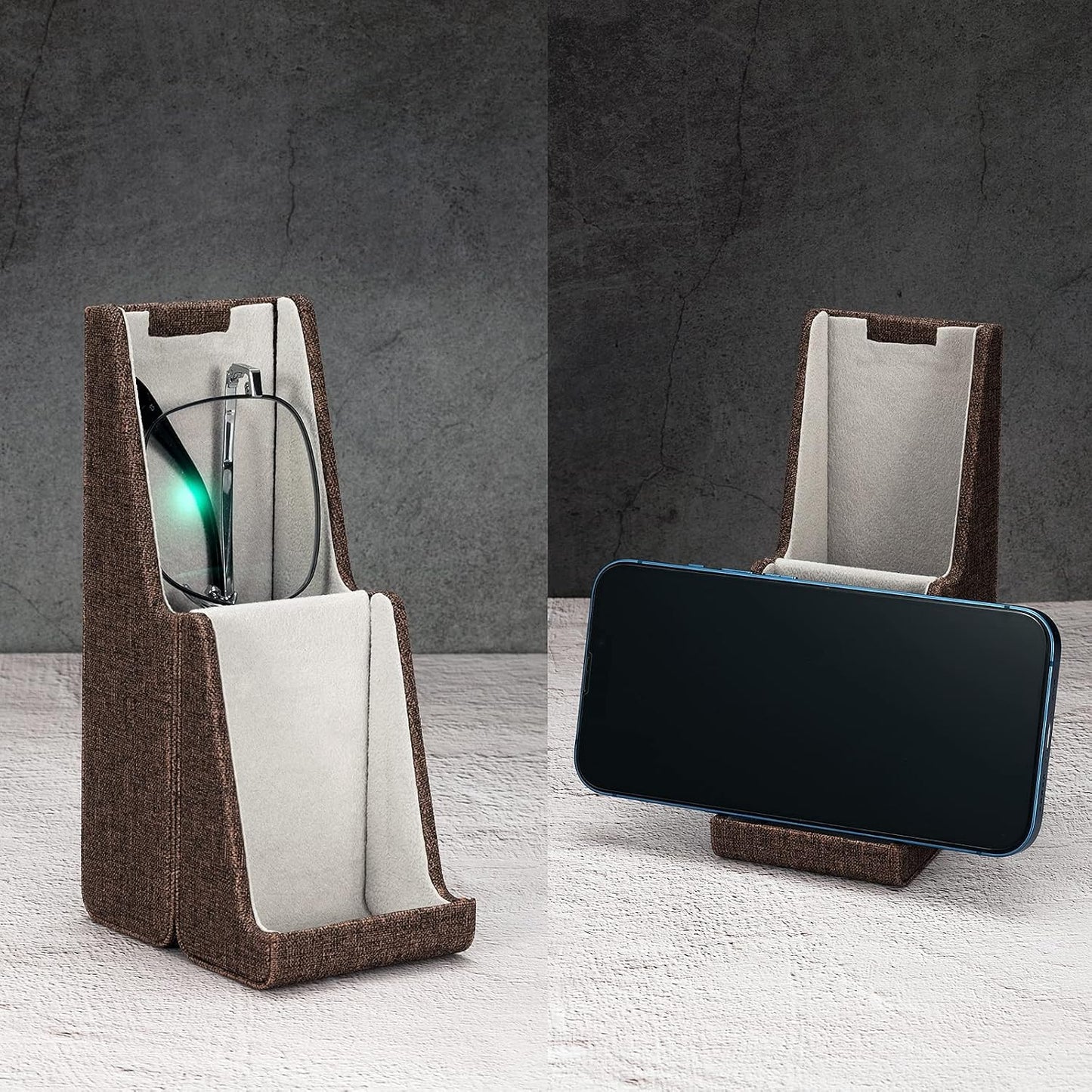 Vemiss Flip-top Glasses Case, Hard Shell Eyeglass Cases & Phone Stand | Unfolds As Phone/Pen Holder. For Desk, Nightstand, Vintage PU Leather, Eye Glass Case for Men Women