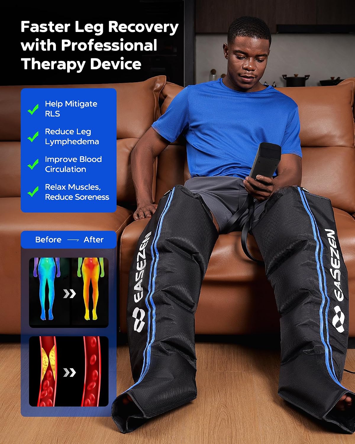EaseZen Leg Compression Massager for Circulation & Muscle Pain Relief | Leg Recovery Compression System for Fast Recovery of Foot, Calf and Thigh, Edema & Muscle Fatigue Relief