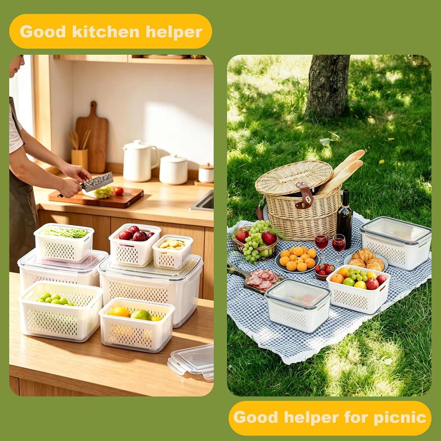 4 Plastic Sealed Freshness Boxes with Removable Filters, Fruits and Salads | 106 OZ (3.15L) + 57 OZ(1.7L) + 27 OZ(0.8L) + 13 OZ(0.38L), plastic, soaking, washing, draining, storage, stackable, nestable