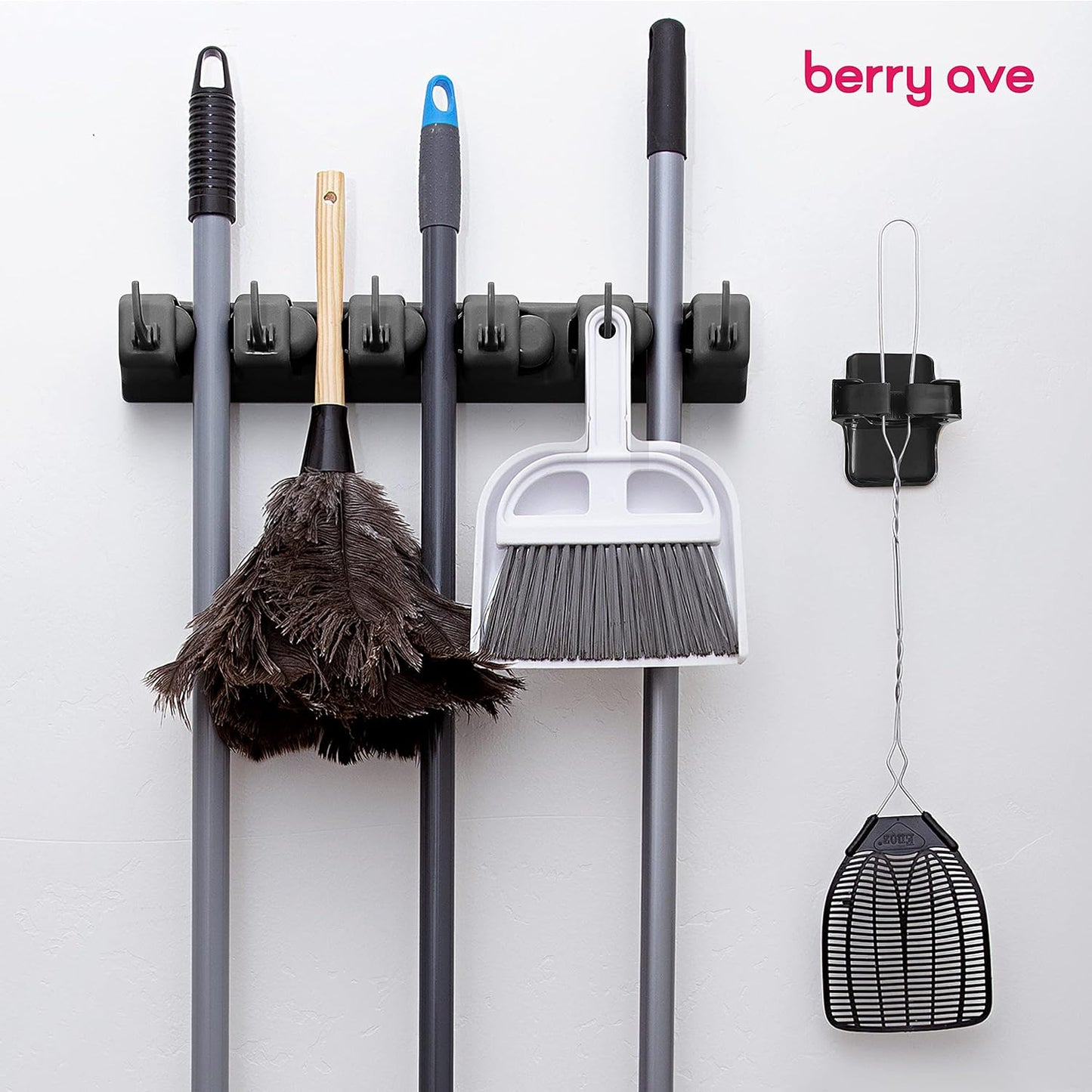 Broom Holder Wall Mount, Broom and Mop Organizer Wall Hanging Rack & Hanger | (Black) Broom Hanger Wall Mount, Mop and Broom Holder Wall Mount, Mop Holder, Hanger for Brooms and Mops, 5 Slots 6 Hooks