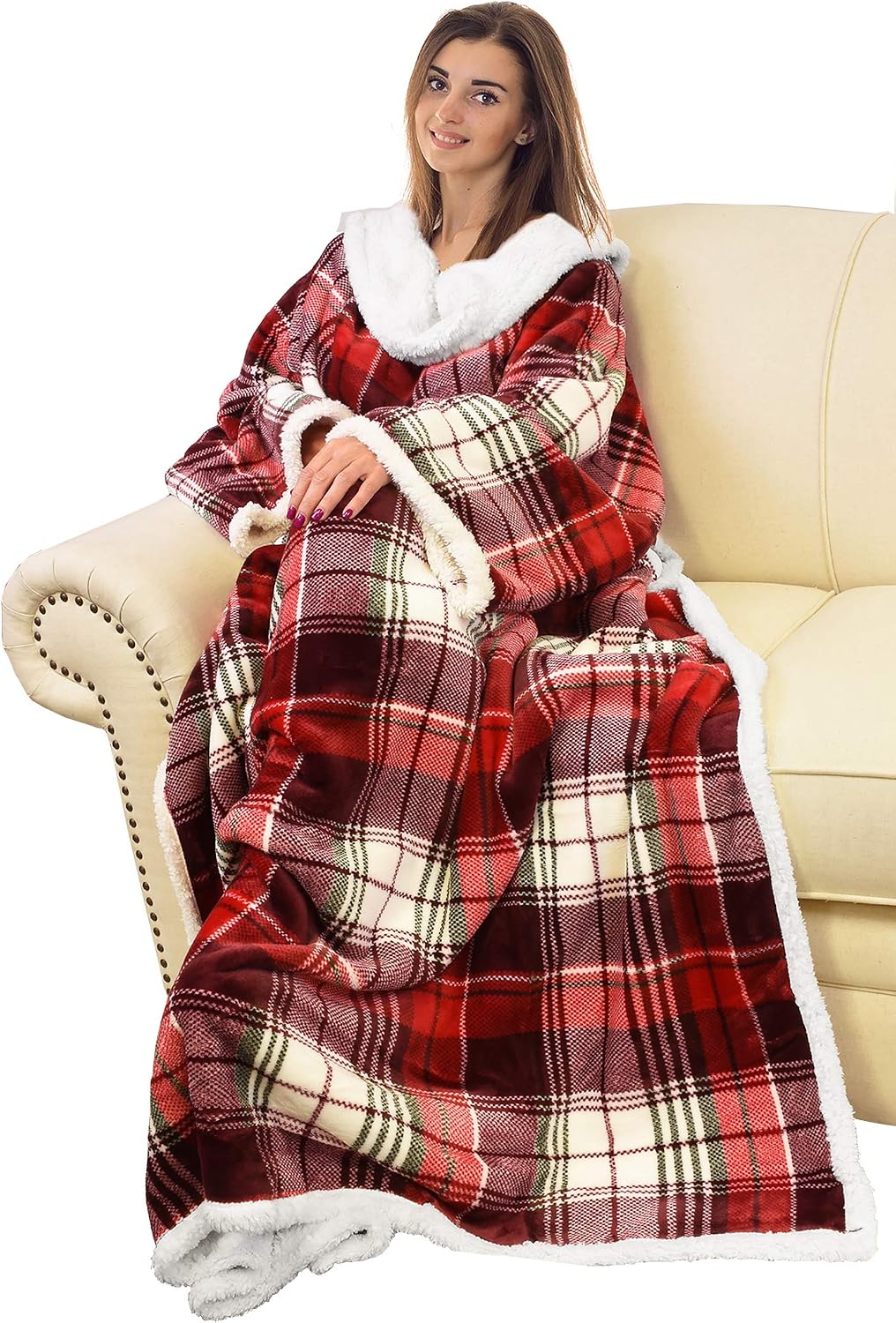Catalonia Sherpa Wearable Blanket with Sleeves and Pocket for Adults