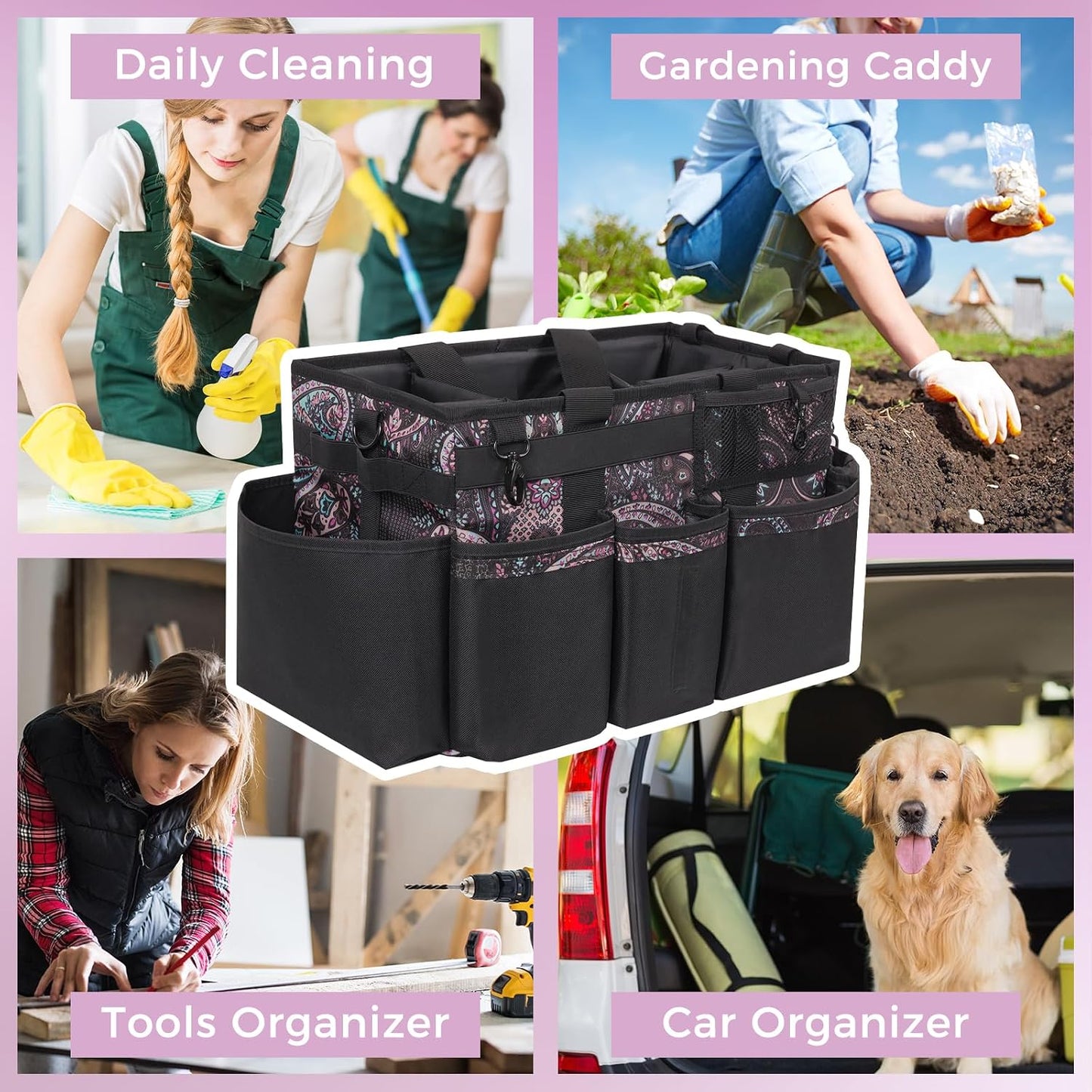 SCAVATA Wearable Cleaning Caddy, Cleaning Caddy Supplies Organizer with Handle & Shoulder Straps for Housekeepers, Under Sink & Car Cleaning Tool Organizers Bag with 4 Foldable Divider (NavyBlue)