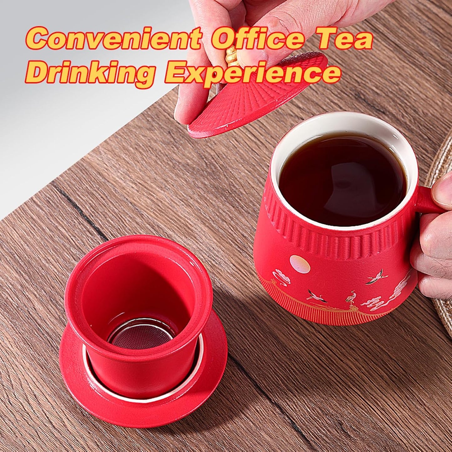 Loose Leaf Tea Cup with Infuser and Lid, 14.8oz Chinese Ceramic Mug with Fine Mesh Strainer, Office Steeping Cup for Tea Lovers Gifts