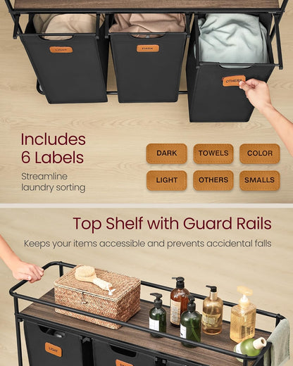 VASAGLE Laundry Sorter with Wheels, 39.6 Gal., 4 Removable Liners | Portable Laundry Cart with Shelf, 150 L, 6 Labels, Ink Black and Chestnut Brown, STEVIE Collection URLS100BH01S