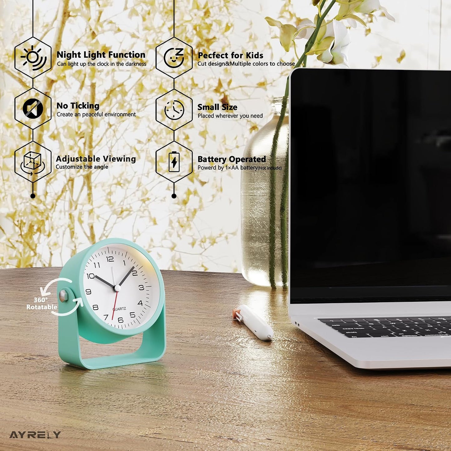 AYRELY® 3.5" Small Analog Travel Alarm Clock, Battery Operated Desk Clock | Cute Table Clock with Light, Adjustable Angle, Bedside, Bedrooms, Kids' Rooms and Living Room Decor (Orange)