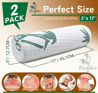 Asatdd Cervical Neck Roll Pillow 2 Pack, Round Bolster Pillow with Washable Cover for Lumbar Support, Sleeping, Office and Travel, 5" x 17"