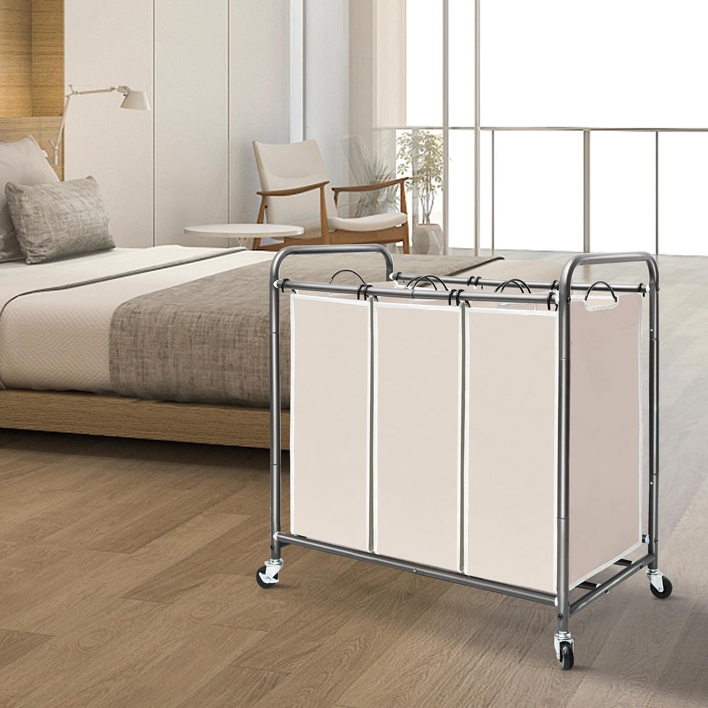 STORAGE MANIAC 3 Section Laundry Sorter, 35.6 Gal (135 L) Laundry Hamper Cart with Heavy Duty Rolling Lockable Wheels and Removable Bags, Clothes Organizer Basket Separator Hamper, Gray