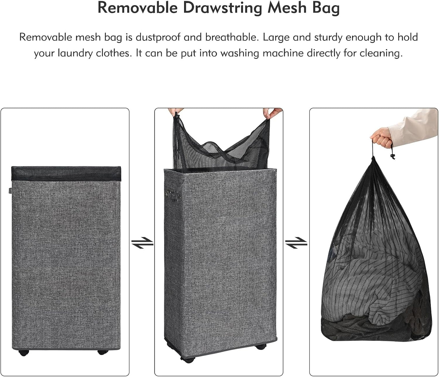 DOKEHOM 25" Slim Rolling Laundry Basket Hamper, Narrow on Wheels, Grey | Collapsible narrow laundry hamper with mesh drawstring closure. Foldable corner clothes storage bin for small spaces