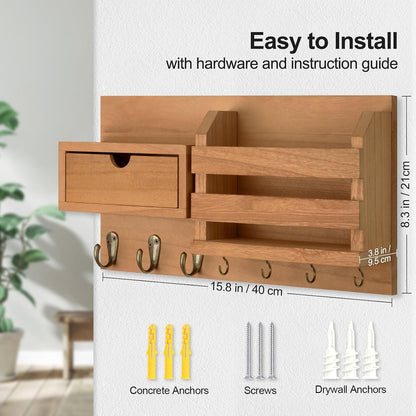 Lwenki Wall Mount Key Holder with Mail Organizer, 100% Paulownia Wood, 7 Metal Hooks, Storage Drawer, Entryway Home Decor (Brown)